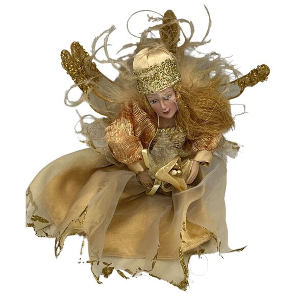 Winward Gold Angel Fairy Ornament Feathers Glitter Crimped Hair Carrying Bouquet - Picture 4 of 10